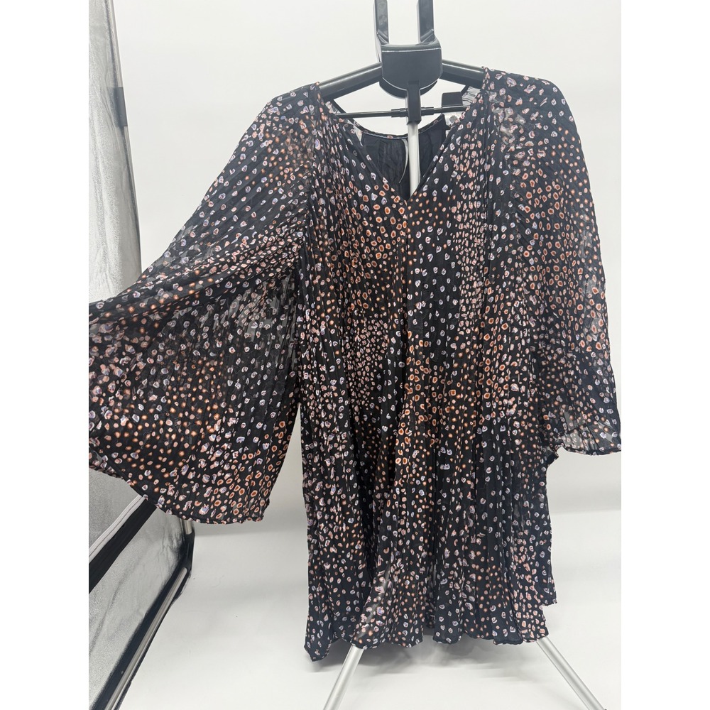 Anthropologie Pleated Abstract Dot V-Neck Mini Dress Black Orange Purple Medium